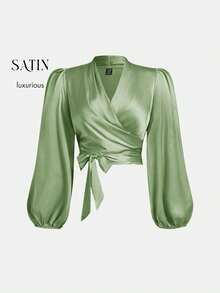 SHEIN MOD 加大码女式黑色裹身式蝴蝶结灯笼袖衬衫 - 綠色 - 查看 5