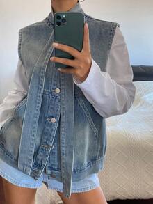 DAZY Women's Loose Denim Vest With Strap Design - Blue - View 6