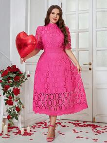 Reflora 大码女式白色蕾丝中长连衣裙，优雅短袖夏季连衣裙 - 玫紅色 - 查看 8