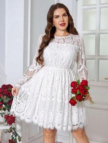 SHEIN Clasi Đầm dài tay thanh lịch dành cho nữ cỡ lớn, họa tiết hoa ren, thắt lưng. - trắng - Xem 6