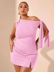 SHEIN BAE 大码女式黑色不对称肩部衬衫，适合通勤、约会、下午茶、情人节、夏季、生日等场合，性感大码上衣，凸显曲线，适合正式场合、派对等，飘逸宽松。 - 淺粉色 - 查看 5