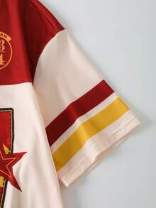 HARRY POTTER X SHEIN Áo thun nữ dáng rộng cổ chữ V phối màu tương phản, phong cách thường ngày đường phố, in hình hoạt hình và số, thích hợp cho mùa hè. - Màu be - Xem 4