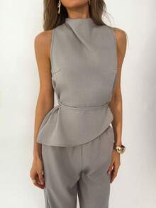 Aloruh Asymmetrische Bluse + gerade Hose eleganter Business-Hosenanzug, 2-teilig - Grau - Übersicht 6