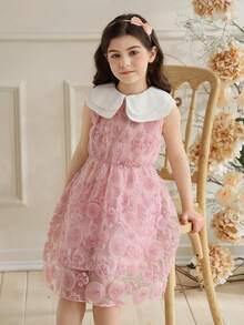 Glamorique Kids 女童甜美公主风粉色无袖连衣裙，饰有3D玫瑰刺绣，春夏款，多层领设计，适合生日派对和日常穿着。 - 粉色 - 查看 1