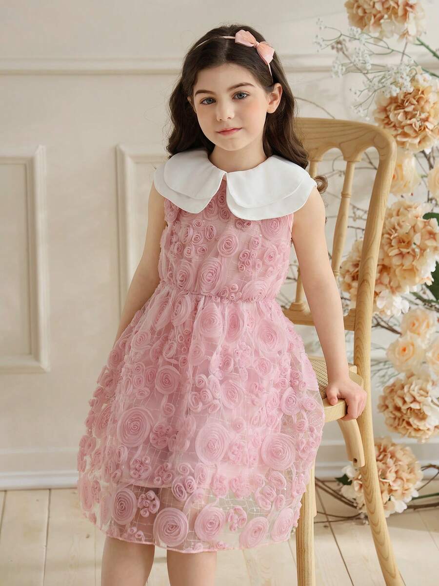 Glamorique Kids 女童甜美公主风粉色无袖连衣裙，饰有3D玫瑰刺绣，春夏款，多层领设计，适合生日派对和日常穿着。 - 粉色 - 查看 1