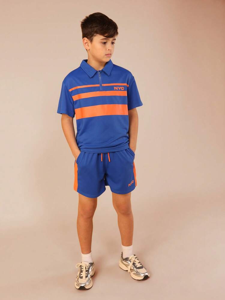 Zip Through Polo And Shorts Set With Stripe Detail