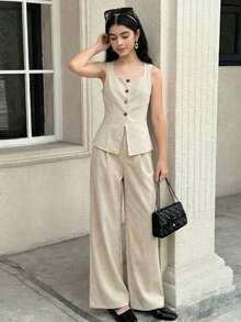 SHEIN Teen Girls' Apricot Striped Sleeveless Shirt Vest And Wide Leg Pants 2-Piece Set, Elegant Casual Outfit For Spring/Summer - Apricot - View 3