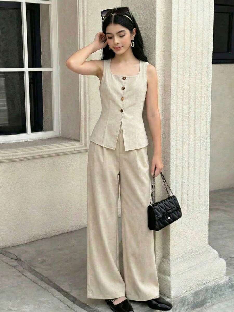 SHEIN Teen Girls' Apricot Striped Sleeveless Shirt Vest And Wide Leg Pants 2-Piece Set, Elegant Casual Outfit For Spring/Summer - Apricot - View 1