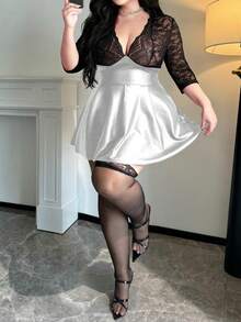 Flirla Plus Size Sexy PU Leather A-Line Lace Patchwork Dress - Silver - View 3
