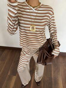 Siren Gaze Women's Fabric Striped Long Sleeve Round Neck Tee And Pants Two-Piece Casual Outfit Rib-Knit Details Aesthetic Tops 70s Tops Striped Top Striped Blouse - Multicolor - View 3