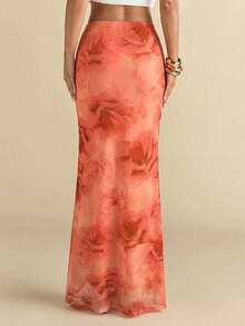 SHEIN BAE Women's Floral Pattern Mesh Midi Skirt, Summer - Orange - View 2