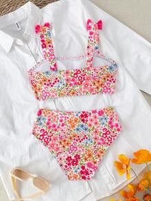 SHEIN Tween Girl Vintage Blue & White Floral Print Bikini Set, Cute Bow Patchwork Beach Swimwear, Suitable For Summer Beach Vacation Swimming Flower Bathing Suit Flower Bikini Floral Swimwear Floral 2pcs Tween Girls Printed Swimwear Girls Floral Swim 2pcs Girls Printed Swimwear Tween Girls Bikini Set Bikini Set Girls Hawaiin Beach Clothes Bathing Suit Sets Two Pieces Swimwear Girls Two Pieces Bathing Tween Beachwear For Tweens Two Pieces Set Kids Floral Swim Teen Girl Swimsuit Floral - Multicolor - View 2