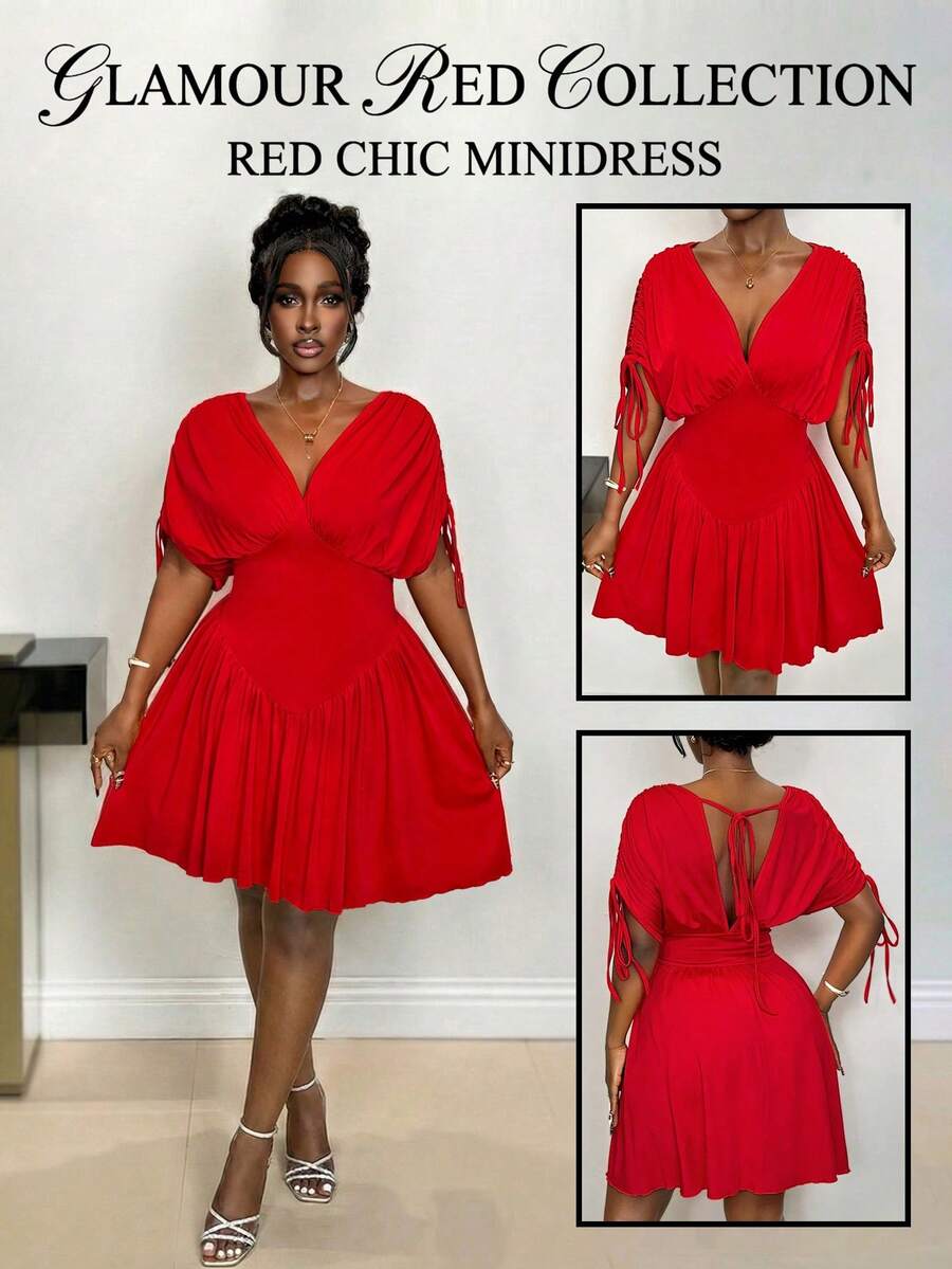 Xyvia Women's Red V-Neck Drawstring Shoulder Sleeve Ruched Waist Asymmetric Hem Elegant Formal Dress, Suitable For Birthday, Date, Party, Formal Occasions, Garden Photoshoot, Valentine's Day, Easter, Labor Day, Travel, Spring/Summer - Red - View 1