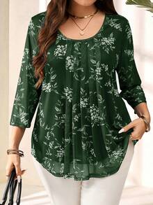 Miaspire Plus Size Women's Elegant Dark Green Floral Print 3/4 Sleeve Blouse,Autumn Everyday Casual Vacation Spring Break Holiday Fashionable Top - Green - View 3