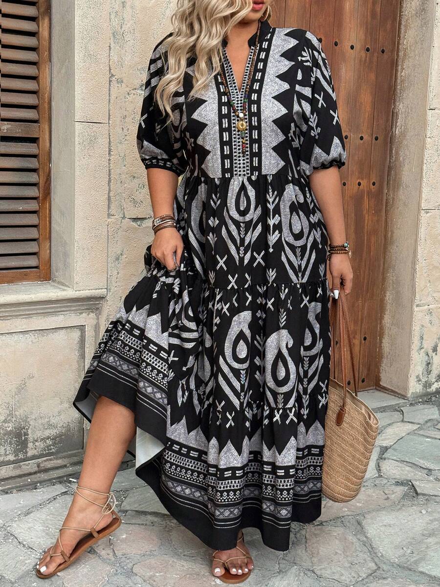 Ceyna Plus Size Black Boho Random Print A Line Long Dress For Women Notched Neck Three Quarter Puff Sleeve Flared Ruffle Hem Woven Fabric Bohemian Style - Black - View 1