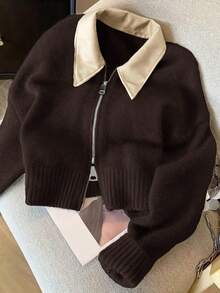 Siren Gaze 复古拼接领短款开衫毛衣 - 2 色可选，女士秋冬服装，美拉德针织开衫，高端仿皮领双拉链针织开衫外套 - 咖啡棕 - 查看 9