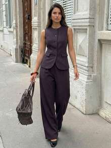 Aloruh Bộ vest và quần màu tím đậm dành cho nữ, trang phục công sở 2 mảnh màu trơn. - Màu đỏ tím - Xem 1