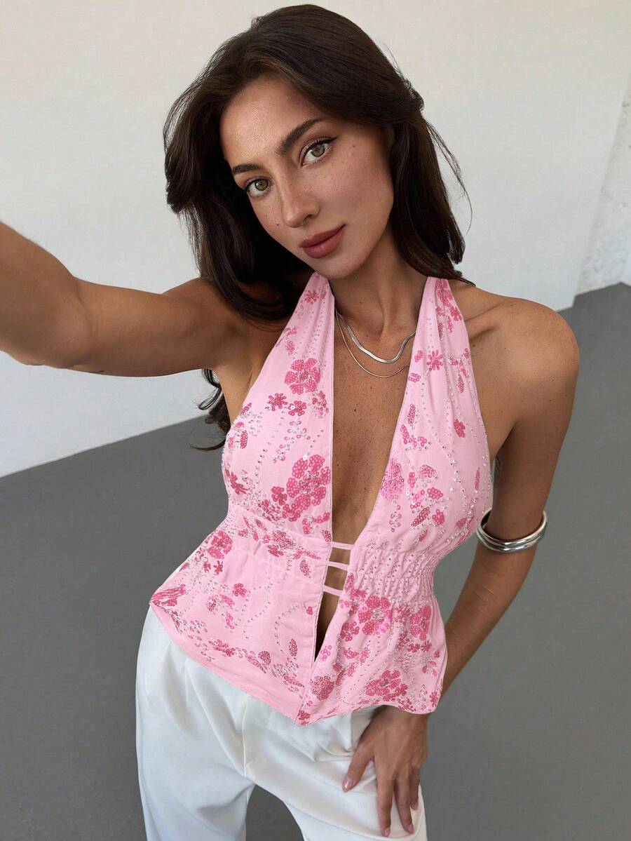 Aloruh Young Lady's Halter Neck Backless Sequin Patchwork Deep Purple-Red Women's Tank Top - Pink - View 1
