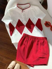 SHEIN 2件套 幼儿男童春夏酒红色格子短袖polo衫和短裤套装，男婴服装