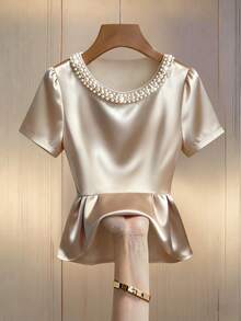 Franclia Elegant Commuter Round Neck Pearl Embellished Waist Ruffle Hem Women Shirt Pearl Top Satin Top Elegant Blouses Satin Blouses For Women Women Tops Elegant - Apricot - View 1