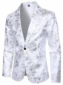 Manfinity Mode 男士时尚提花翻领长袖西装外套，适合日常穿着和派对场合 - 白色 - 查看 4