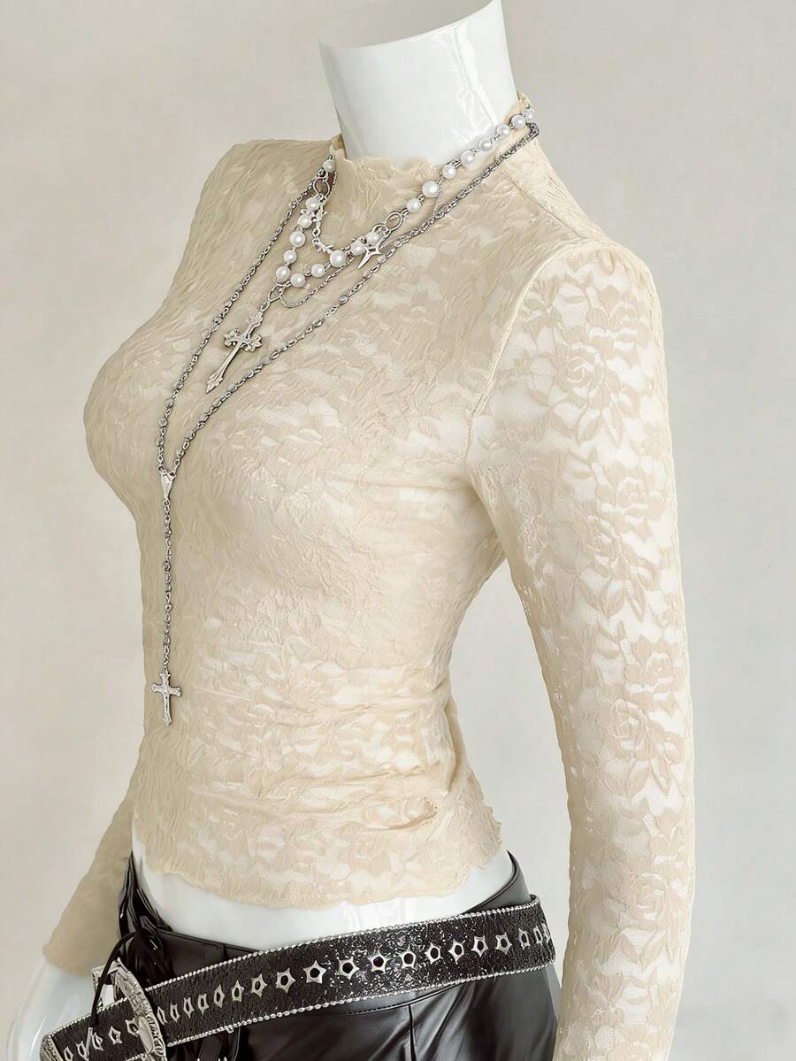 EgrlEra Women's Fashionable Black Sexy Lace Blouse - Beige - View 1