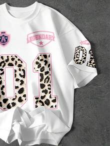 SHEIN EZwear 女士休闲豹纹印花及数字 01 图案宽松圆领短袖T恤 - 彩色 - 查看 3