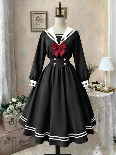 Lyrianda 大码休闲连衣裙，收腰A字撞色长袖连衣裙，适合返校季