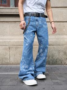 Manfinity EMRG 男士提花直筒喇叭牛仔裤 - 中等水洗藍 - 查看 8