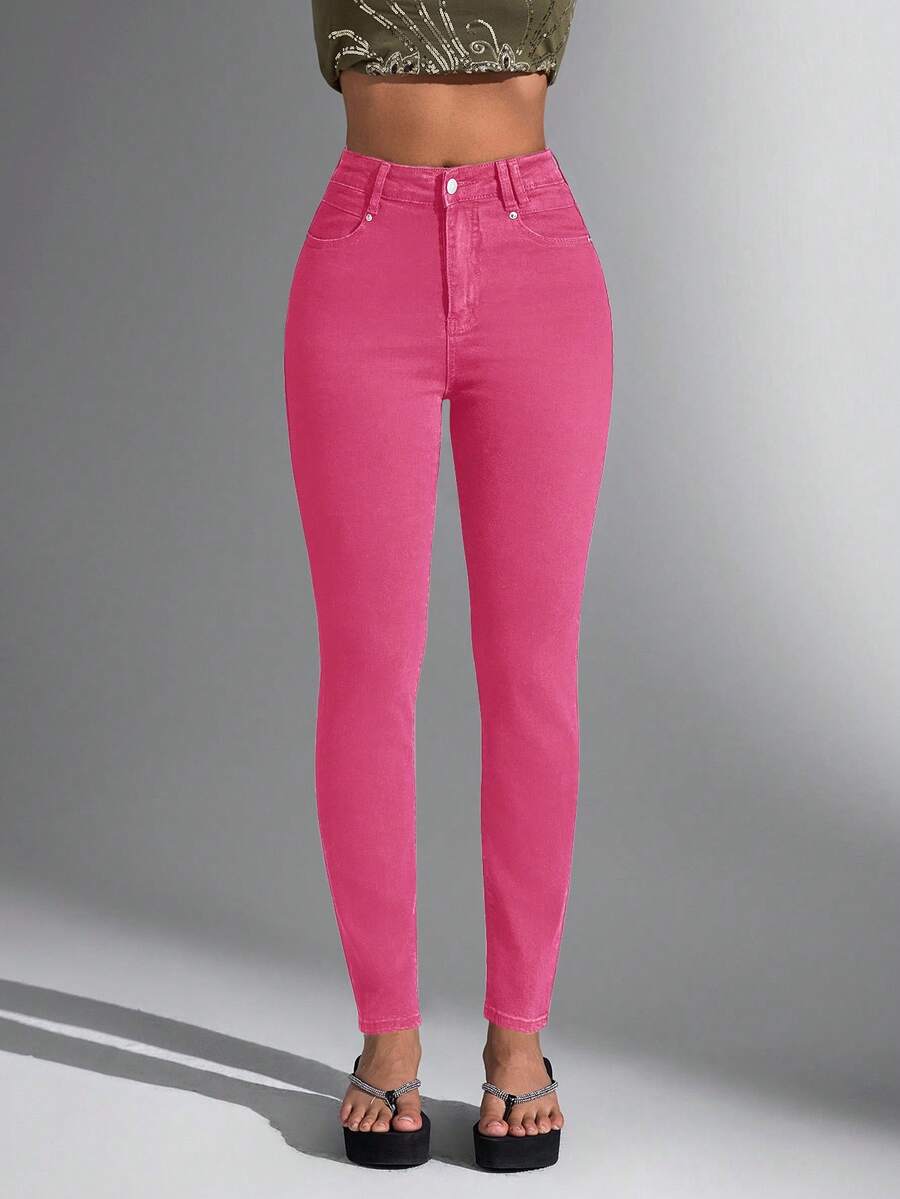 Jeanoix 女士纯色中腰修身粉色时尚牛仔裤，亮粉色裤子，女士粉色牛仔裤，女士牛仔裤，女士打底裤，情人节 - 玫紅色 - 查看 1