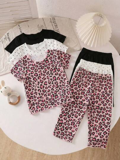 SHEIN Playful Pals 6件套女婴圆领短袖T恤和阔腿裤，休闲日常穿着