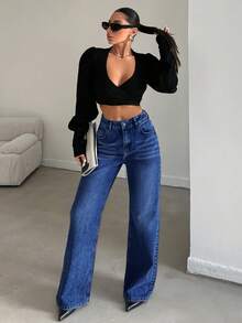 EURMUSE Plus Size Women Pockets Button Casual Versatile Commute Denim Wide Leg Pants - Medium Wash - View 6