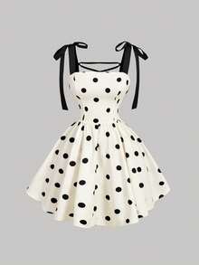 SHEIN MOD 女士波点浪漫露背系带蝴蝶结连衣裙，适合约会、派对、度假、下午茶、生日等场合 - 黑與白 - 查看 5