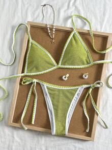 Swim Basics 女士夏季沙滩花卉饰边露背系带性感比基尼泳装套装 - 綠色 - 查看 3