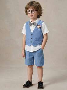 PrepCrw 3pcs Young Boys Summer Traditional Wedding Gentleman Suit Set,Plaid Bow Tie Short Sleeve Shirt,3D Floral Decor Vest & Shorts Formal Wear Outfit,Blue - Multicolor - View 2