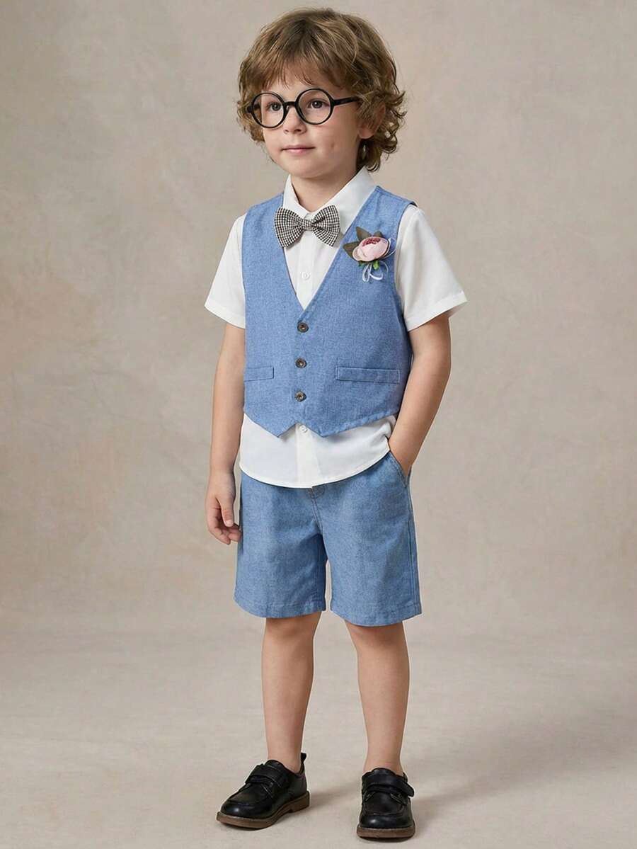 PrepCrw 3pcs Young Boys Summer Traditional Wedding Gentleman Suit Set,Plaid Bow Tie Short Sleeve Shirt,3D Floral Decor Vest & Shorts Formal Wear Outfit,Blue