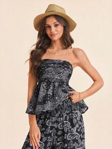 Coeurva 女士修身无肩带印花梭织上衣，适合春夏度假穿着 - 黑與白 - 查看 7