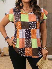 EMERY ROSE 大码度假休闲拼接印花短袖衬衫，春夏款 - 橘色 - 查看 1