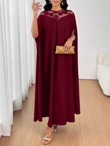 SHEIN Lady 女式拼接圆形亮片网眼蝙蝠袖宽松时尚连衣裙 - 酒紅色 - 查看 4