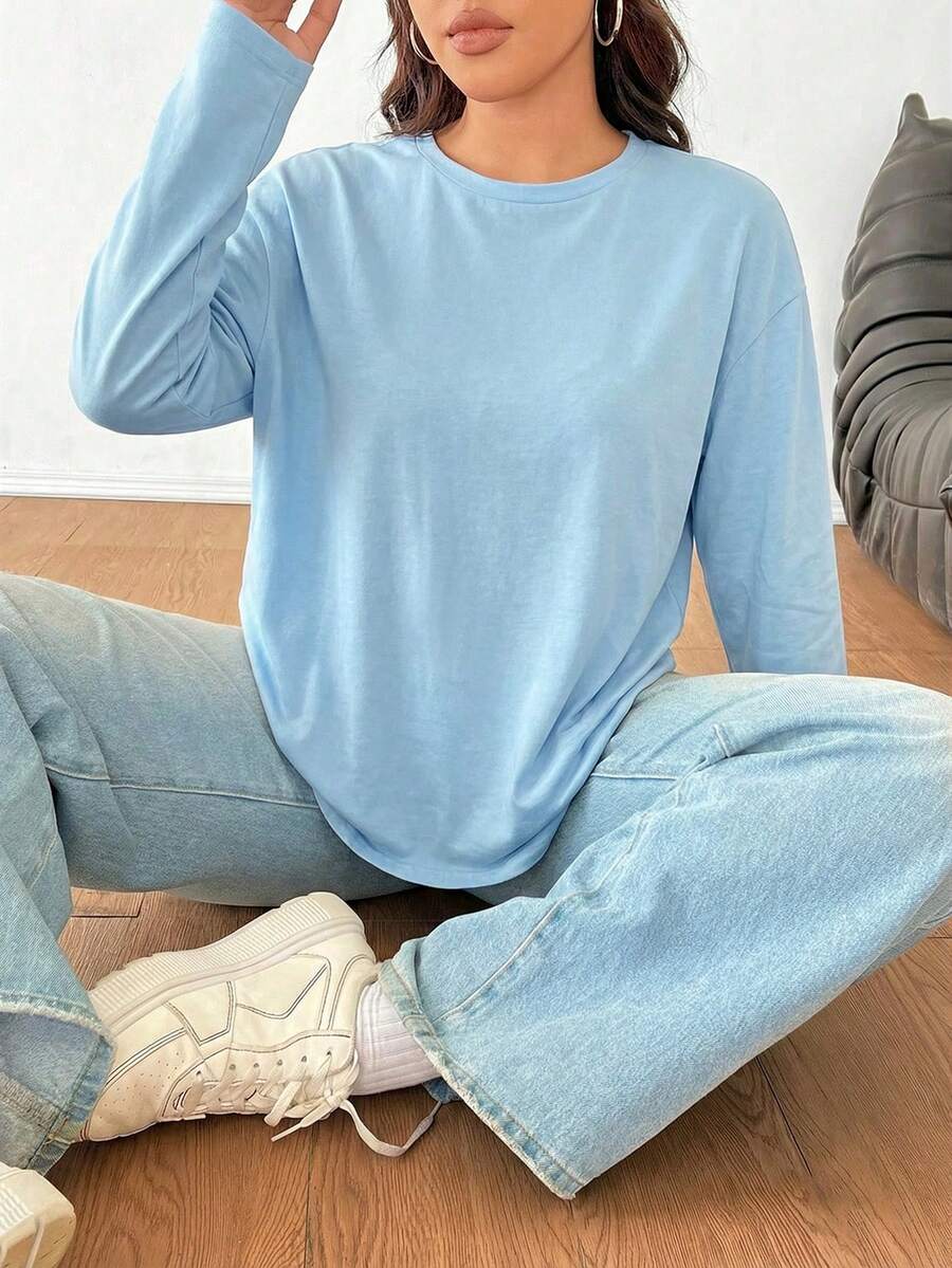 SHEIN EZwear 大码女式休闲纯色长袖T恤,适合日常通勤,春秋季穿着 - 淺藍色 - 查看 1
