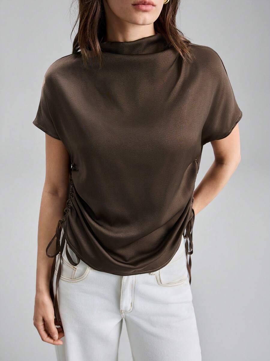 Ontre 2026 Spring/Summer New Brown Side Slit Pleated Blouse, Suitable For Modern Urban Parties, Back-To-School Season, Urban Minimalist Casual Daily Wear, Bohemian Style, Vacation, Festivals, Spring Valentine's Day Carnival Outfits, Women's Beach & Party Elegant Wear - Brown - View 1