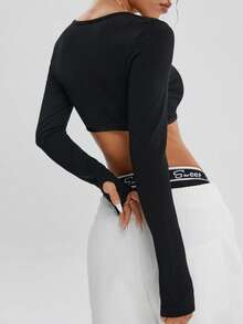 Dewbera Seamless High Elasticity Yoga Fitness Long Sleeve Top - Black - View 2