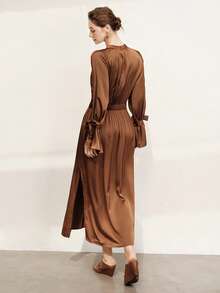 Aalyst Women's Chocolate Brown Satin Ruched Waist Flare Hem Long Sleeve Dress,Elegant Retro Chic Design For Autumn Tea Party,Christmas,Work,Vacation,Spring - Brown - View 2