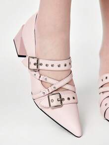 ROMWE Grunge Punk Elegant Pointed Toe Chunky Heel Lacquer Leather Pumps For Christmas Valentine's Day - Barely Pink - View 3