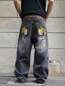 Manfinity EMRG Men's Animal Print Pocket Button Casual Versatile Commute Loose Fit Jeans - Light Grey - View 2