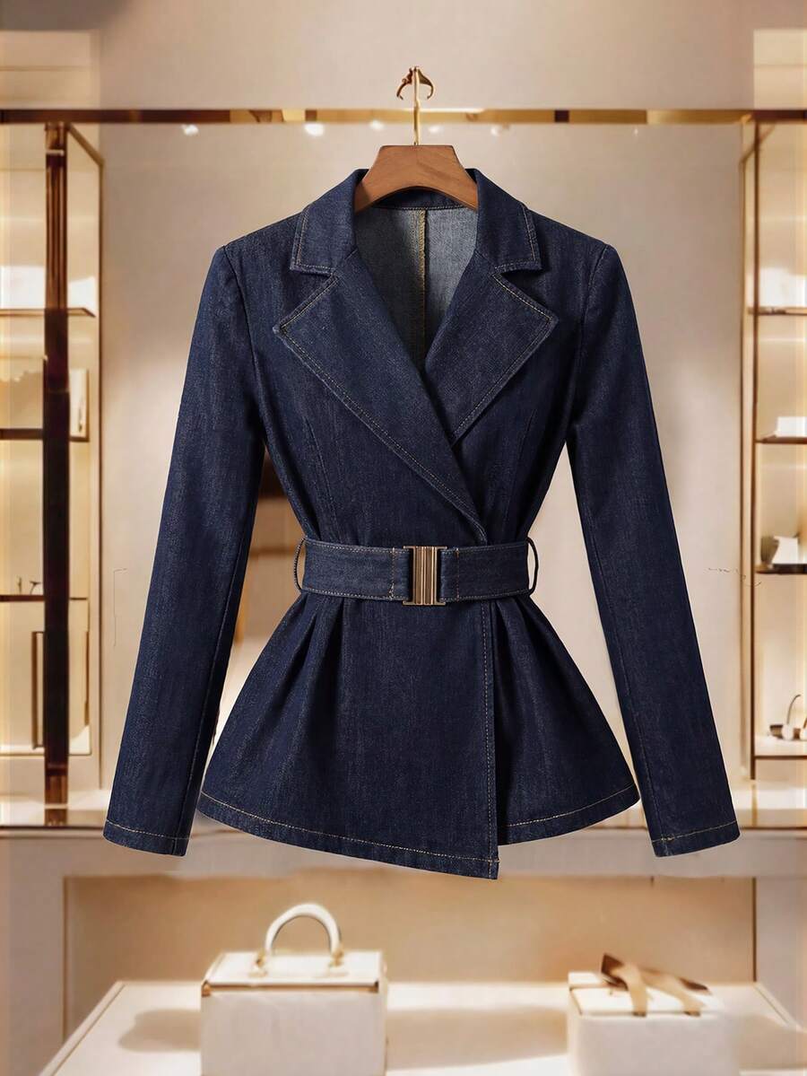 GlowEve 女士翻领长袖优雅系带牛仔外套 - 藍色 - 查看 1