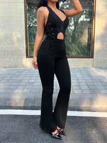 SHEIN PETITE Women's Deep V-Neck Hollow Out Side Waist Grommet Lace-Up Sexy Halter Jumpsuit - Black - View 3