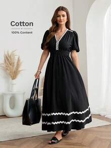 Easowa V领泡泡袖撞色滚边荷叶边下摆松紧腰A字伞裙短袖休闲棉质连衣裙，优雅通勤风，春夏款 - 黑色 - 查看 2