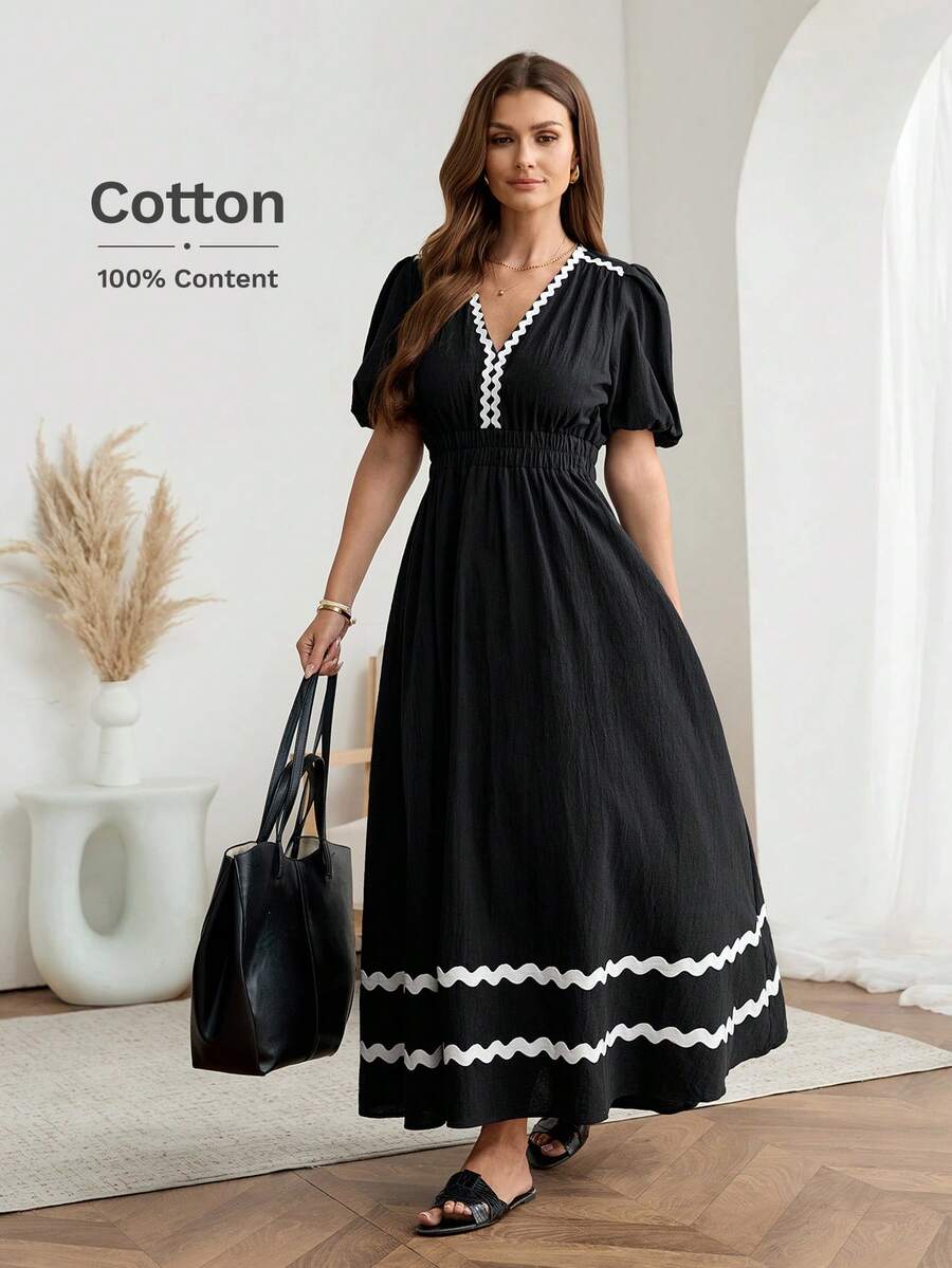 Easowa V领泡泡袖撞色滚边荷叶边下摆松紧腰A字伞裙短袖休闲棉质连衣裙，优雅通勤风，春夏款