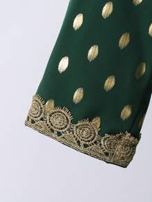 SHEIN Elegant Green Polka Dot Long Dress For Tween Girls,Autumn Wedding Guest,Metallic Gold Dots,Lace Trim,3/4 Sleeve,Middle Eastern Gatherings,Soft Fabric - Green - View 4